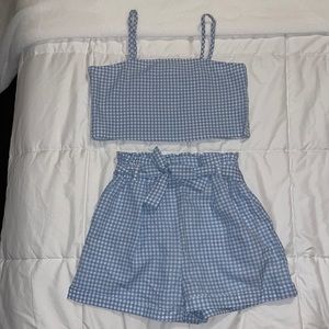 Blue and white checkered cropped top and shorts set.